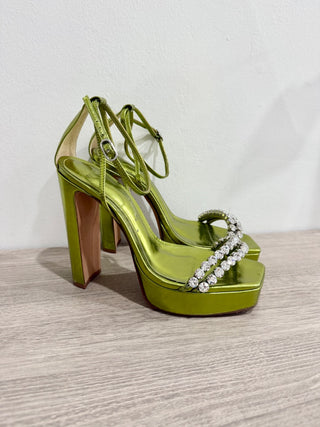 Alexandre Birman Lenny Metallic Leather Crystal Platform Sandals Avocado EU 36.5