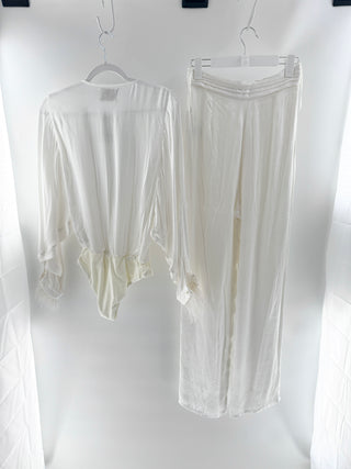 Azulu White deep plunging satin bodysuit and pants, S