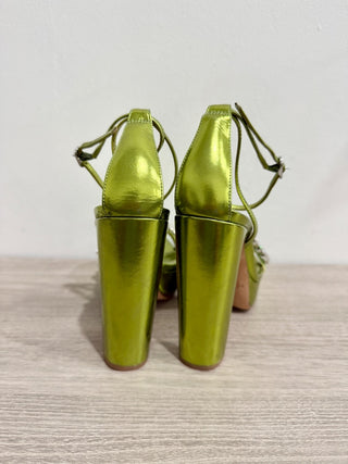Alexandre Birman Lenny Metallic Leather Crystal Platform Sandals Avocado EU 36.5