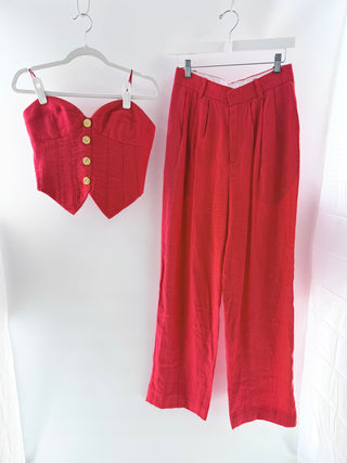 Ronny Kobo Red strapless linen corset top, top S / bottom M