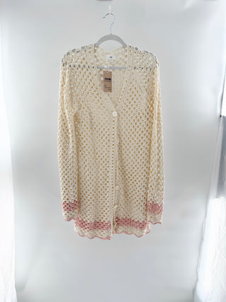 LPA Long Sleeve Crochet Knit Cover Up Cream Pink Trim Women's Size Medium