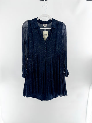 Zadig & Voltaire sheer crinkled viscose dress featuring an all-over multicolor star print, button-front V-neckline, long sleeves with button cuffs, M