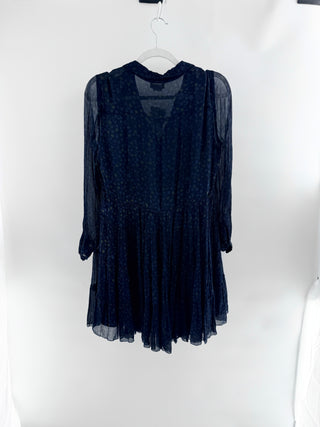 Zadig & Voltaire sheer crinkled viscose dress featuring an all-over multicolor star print, button-front V-neckline, long sleeves with button cuffs, M