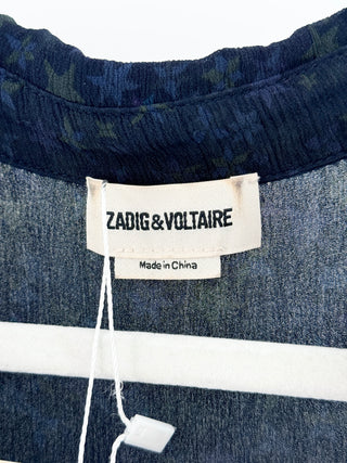 Zadig & Voltaire sheer crinkled viscose dress featuring an all-over multicolor star print, button-front V-neckline, long sleeves with button cuffs, M