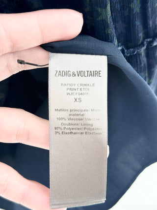Zadig & Voltaire sheer crinkled viscose dress featuring an all-over multicolor star print, button-front V-neckline, long sleeves with button cuffs, M