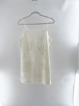 Caroline Constas linen eyelet shell dragonfly mini dress, features square neckline, scalloped trim, and intricate shell and dragonfly cutwork embroidery, XS