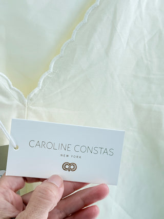 Caroline Constas linen eyelet shell dragonfly mini dress, features square neckline, scalloped trim, and intricate shell and dragonfly cutwork embroidery, XS