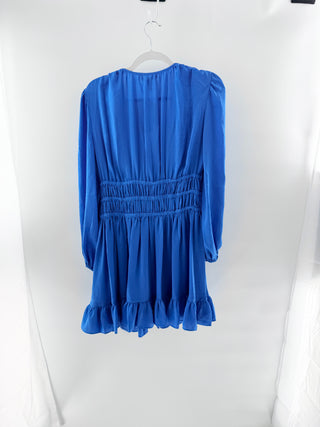 NWT Maje Shirred Satin-Jacquard V-Neck Ruffle Mini Dress Blue Women 38 FR / US 6