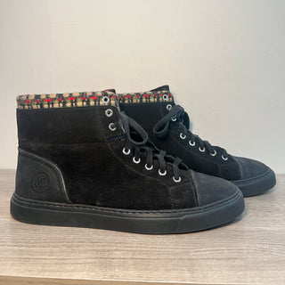 Chanel Suede with Tweed Trimmed Lace Up High Top Sneakers Black Women's EU 41.5