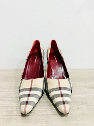 Burberry check pointy toe mid heel pumps, 38.5