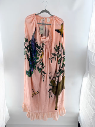 verandah midi dress crafted from lightweight cotton-silk blend decorated with hand-painted and embellished wildlife motifs, S