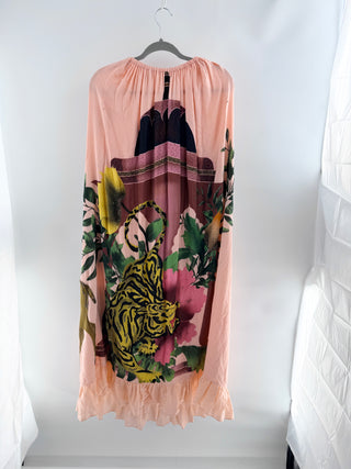 verandah midi dress crafted from lightweight cotton-silk blend decorated with hand-painted and embellished wildlife motifs, S