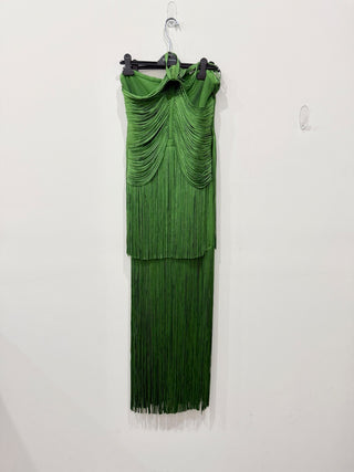 Herve Leger Paris Halter Drape Fringe Long Gown Everglade Green Women's Large