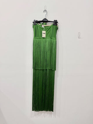Herve Leger Paris Halter Drape Fringe Long Gown Everglade Green Women's Large