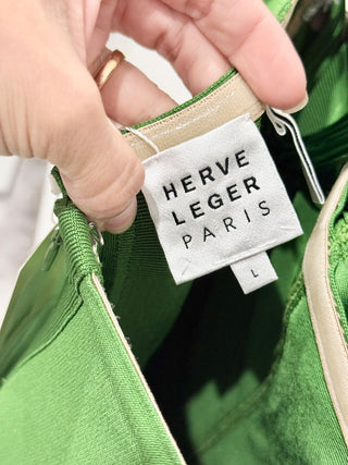 Herve Leger Paris Halter Drape Fringe Long Gown Everglade Green Women's Large