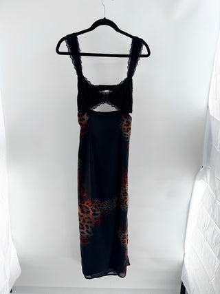 Runaway Dinah midi dress featuring fitted mesh silhouette with leopard print accented, designed with lace bodice, wide lace-trimmed shoulder straps, and subtle front cutout beneath bust, M