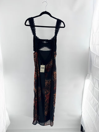 Runaway Dinah midi dress featuring fitted mesh silhouette with leopard print accented, designed with lace bodice, wide lace-trimmed shoulder straps, and subtle front cutout beneath bust, M