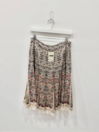 NWT Elie Tahari Silk Geometric Print Lace Trim Flare Midi Skirt Multi Womens 10
