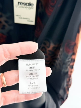 Runaway Dinah midi dress featuring fitted mesh silhouette with leopard print accented, designed with lace bodice, wide lace-trimmed shoulder straps, and subtle front cutout beneath bust, M