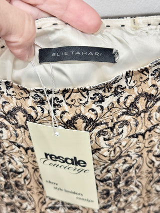 NWT Elie Tahari Silk Geometric Print Lace Trim Flare Midi Skirt Multi Womens 10