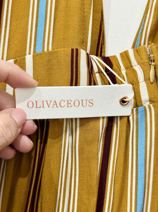 NWT Olivaceous Striped Ruffle Plunging Tiered A-Line Midi Dress Brown/Blue Large