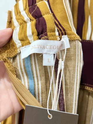 NWT Olivaceous Striped Ruffle Plunging Tiered A-Line Midi Dress Brown/Blue Large