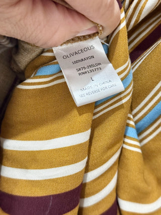 NWT Olivaceous Striped Ruffle Plunging Tiered A-Line Midi Dress Brown/Blue Large