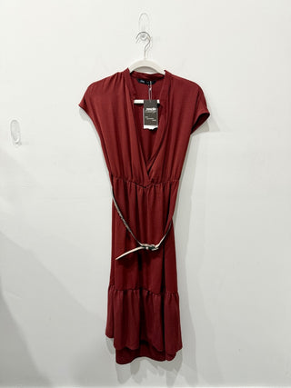 NWT Zara Cap Sleeve Belted Tiered A-Line Midi Dress Terracotta Womens Size Large