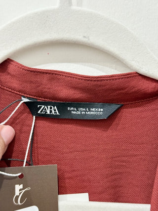 NWT Zara Cap Sleeve Belted Tiered A-Line Midi Dress Terracotta Womens Size Large