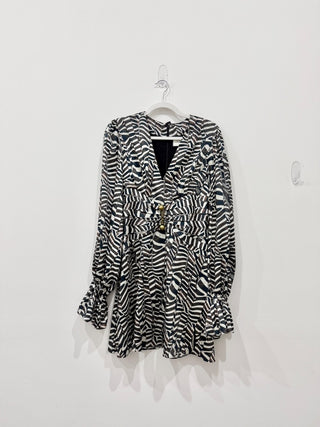 Alexis Imani Zebra Balloon Sleeve Mini A-Line Dress Black Women's Size Medium