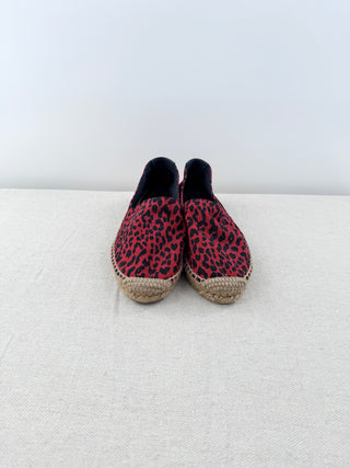 Saint Laurent Canvas Leopard Print Slip On Espadrilles Flat Red Black Women's EU 37