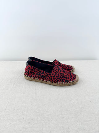 Saint Laurent Canvas Leopard Print Slip On Espadrilles Flat Red Black Women's EU 37