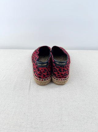 Saint Laurent Canvas Leopard Print Slip On Espadrilles Flat Red Black Women's EU 37