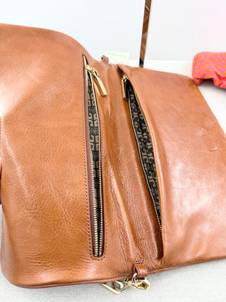 Tory Burch large patent leather log reva clutch bag