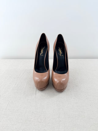 YSL Yves Saint Laurent Tribute Two Platform Pumps Neutral Pebbled Leather EU 36