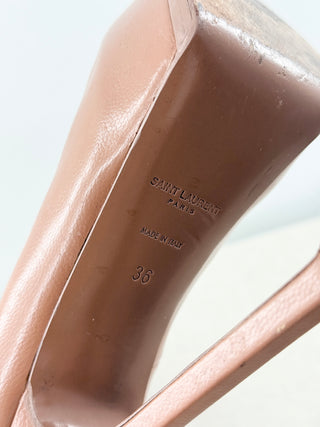 YSL Yves Saint Laurent Tribute Two Platform Pumps Neutral Pebbled Leather EU 36