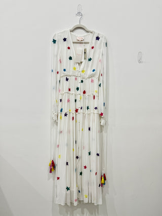 NWT Rococo Sand Stellar Star Sequin Chiffon Boho Maxi Dress White Womens Size XS