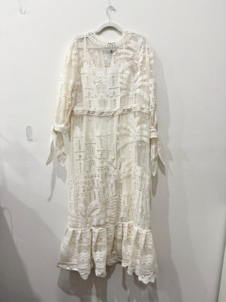 NWT Farm Rio Morada Boa Guipure Lace Crochet Maxi Dress with Slip Off-White XL