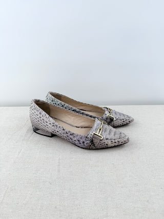 Vera Roloff Pointy Toe Loafer Flat Shoes w/ Gold Detail Python Skin Beige EU 37