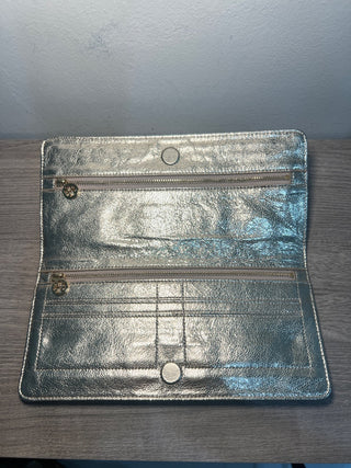 Tory Burch metallic leather flap large wallet clutch