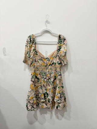 Alice & Olivia Crawford Sweetheart Tiered Floral Mini Dress Tan/Yellow/Green 12