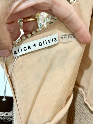 Alice & Olivia Crawford Sweetheart Tiered Floral Mini Dress Tan/Yellow/Green 12