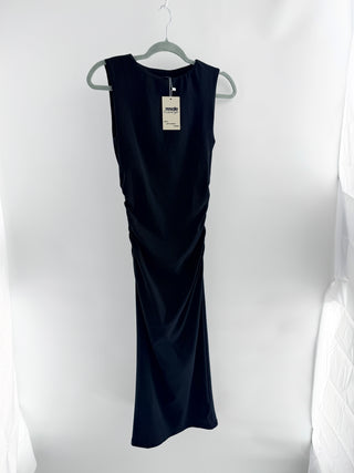 Veronica Beard midi dress featuring bateau neckline, flattering side ruching, crafted from structured stretch fabric, XS