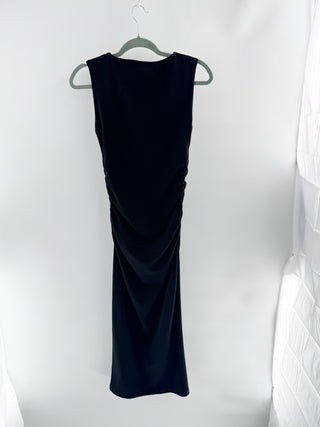 Veronica Beard midi dress featuring bateau neckline, flattering side ruching, crafted from structured stretch fabric, XS