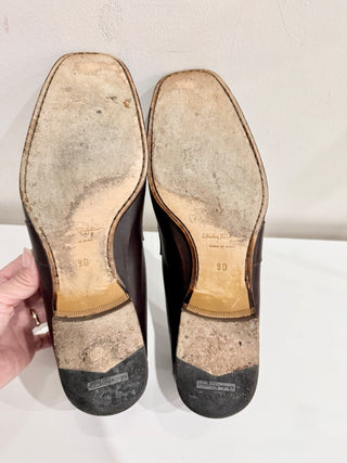 Salvatore Ferragamo Leather Gancio Gancino Slip On Loafers Shoes Brown Men's 9
