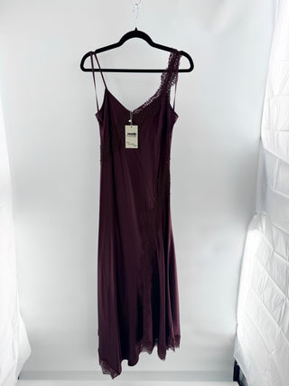 Veronica Beard bias cut midi dress crafted from satin with delicate eyelash lace trim, finished with asymmetrical hem and cascading lace trim, 2