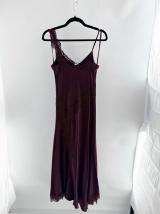 Veronica Beard bias cut midi dress crafted from satin with delicate eyelash lace trim, finished with asymmetrical hem and cascading lace trim, 2