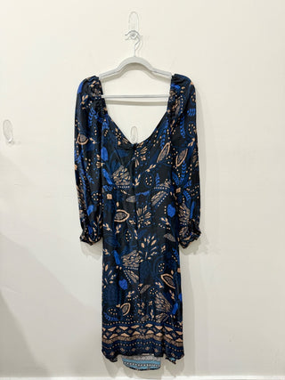 NWT Farm Rio Macaw Forest Crisscross Tie A-Line Midi Dress Cobalt Blue Large