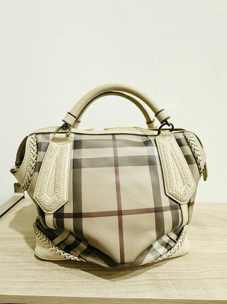 Burberry Eller Large Leather & Coated Smocked Check Canvas Tassel Handbag Tan