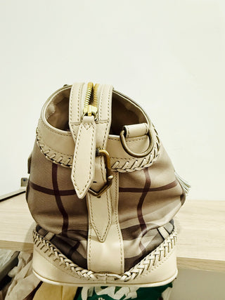 Burberry Eller Large Leather & Coated Smocked Check Canvas Tassel Handbag Tan